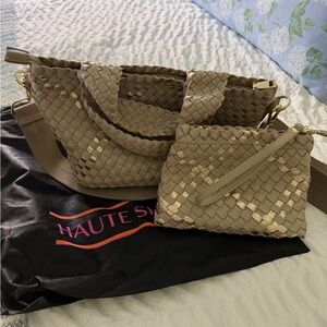 HAUTE SHORE Woven Shoulder Bag Set in Tan and Gold